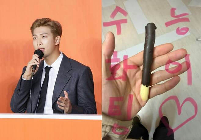 people-RM (BTS)-A-speaking into microphone-A-wearing suit-B-holding chocolate stick (Pocky/Pepero)-B-hand with Korean writing/heart on background-C-split image