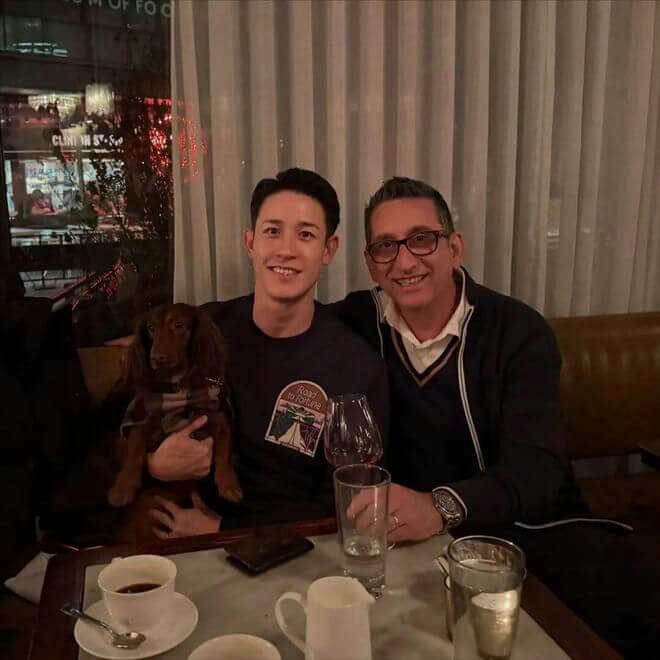 people-Two men-A-Dog-A-Restaurant setting-A-Smiling-B-Indoor evening-C