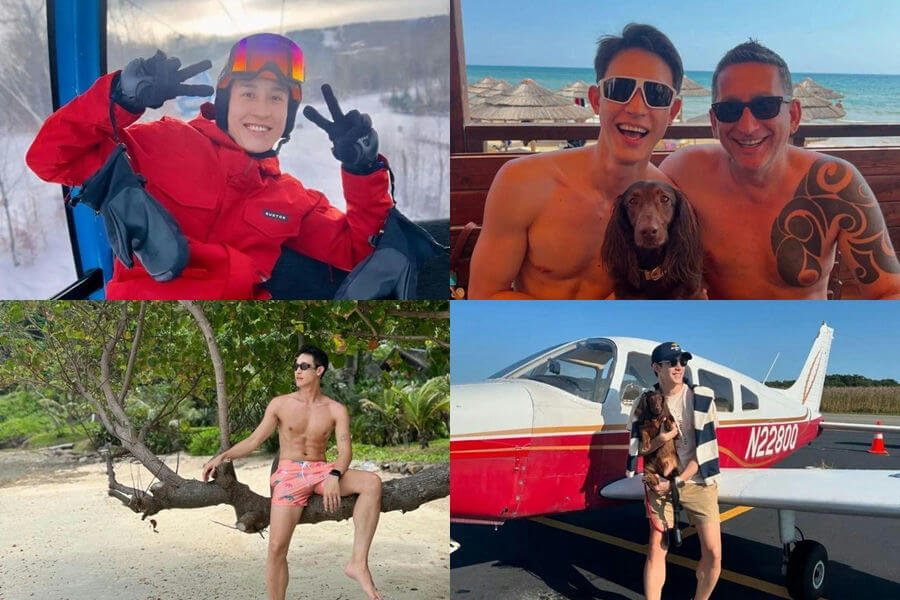 people-four individuals (three men and one dog)-activities-skiing, relaxing on a beach, posing with a dog and a man, posing next to a small airplane-setting-snowy mountainside in a ski lift, beach/outdoor restaurant setting, tropical beach, airfield with a small plane-object-ski gear, sunglasses, dog, small airplane