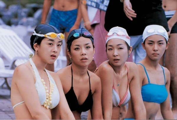people-Four Asian women-A-swimming caps-A-swim goggles-B-bikinis-C-serious expressions