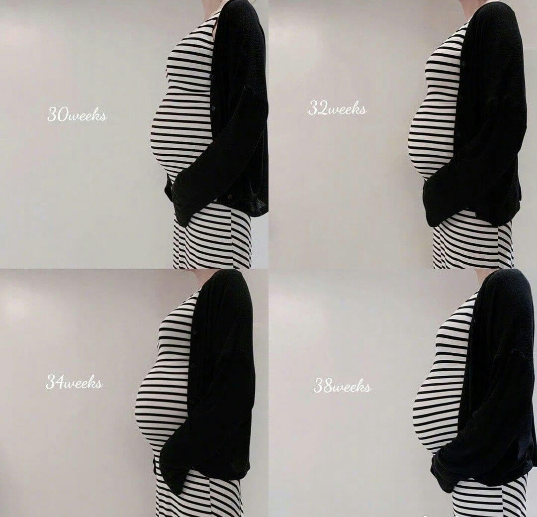 people-woman-pregnancy progression-striped dress-black cardigan-30 weeks-32 weeks-34 weeks-38 weeks