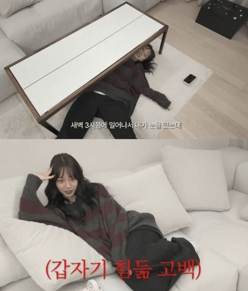 people-woman-A-lying under table-B-sitting on sofa-C-wearing striped sweater