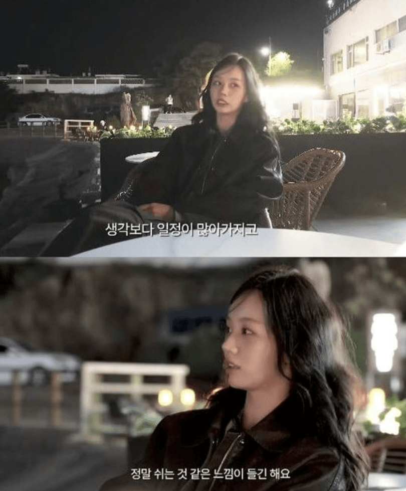 people-woman-sitting outdoors at night-A-Korean text overlay-A-dark jacket-B-interview/conversation setting-C