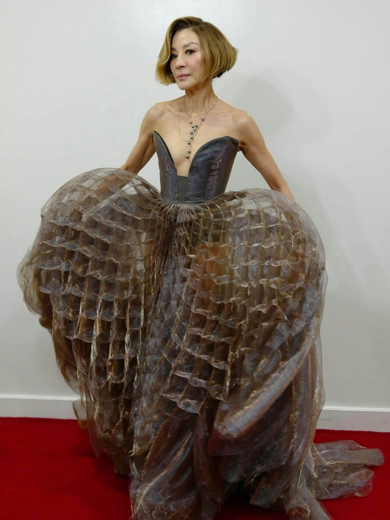 people-Michelle Yeoh-A-strapless gown-A-voluminous skirt-A-honeycomb texture-B-red carpet-C