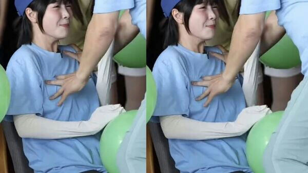 people-woman-blue shirt and cap-A-man's hands-on chest-B-green balloons-C
