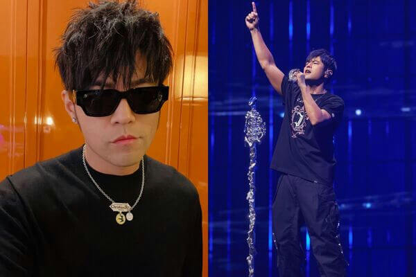 people-Man in sunglasses and black shirt with silver necklace (left)-Man performing on stage pointing upwards (right)-Concert-Performance-Fashion