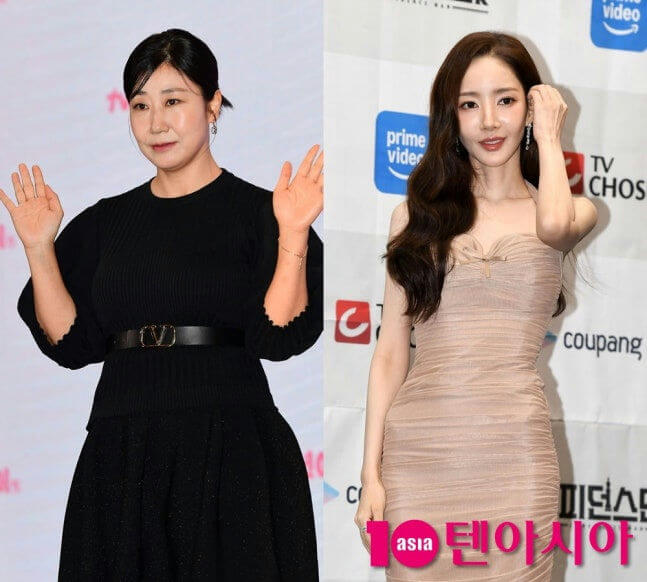 people-woman in black dress-woman in beige strapless dress-red carpet event