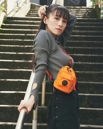 people-woman-A-fashion-A-orange mini bag-A-grey knit top-A-black lace-up skirt