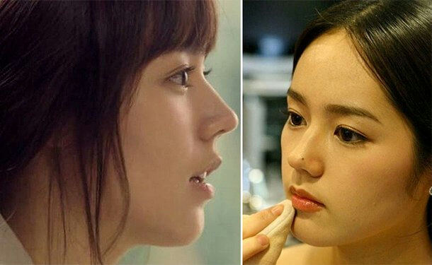 people-Two East Asian women-A-Split image-A-Profile view (left)-B-Frontal/three-quarter view (right)-C-Makeup application (right)