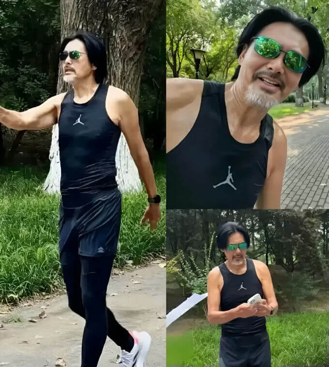 people-1-man exercising outdoors-A-black Jordan tank top-B-green mirrored sunglasses-C-running tights and shorts