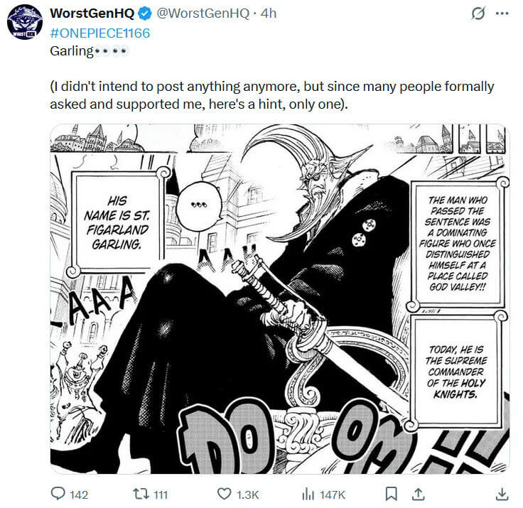people-St. Figarland Garling-A-Supreme Commander of the Holy Knights-A-Dominating figure at God Valley-B-Manga panel-C-Twitter post