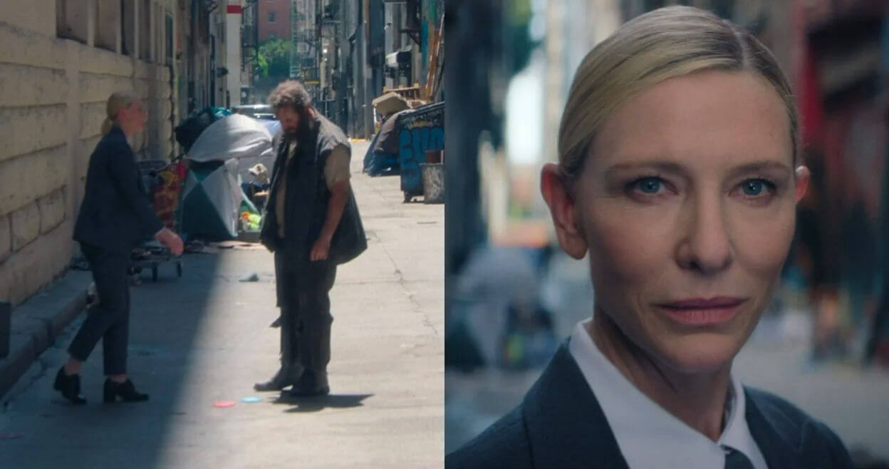people-Cate Blanchett-A-street encounter-A-homeless man-B-urban alley-C-movie still