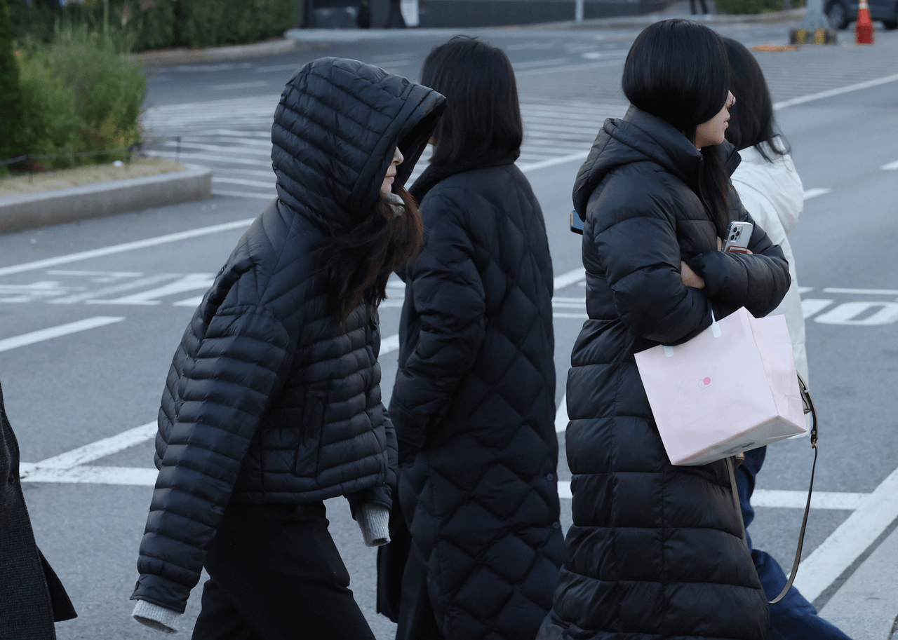 people-4-winter-coat-A-puffer-jacket-B-crossing-street-C-carrying-bag