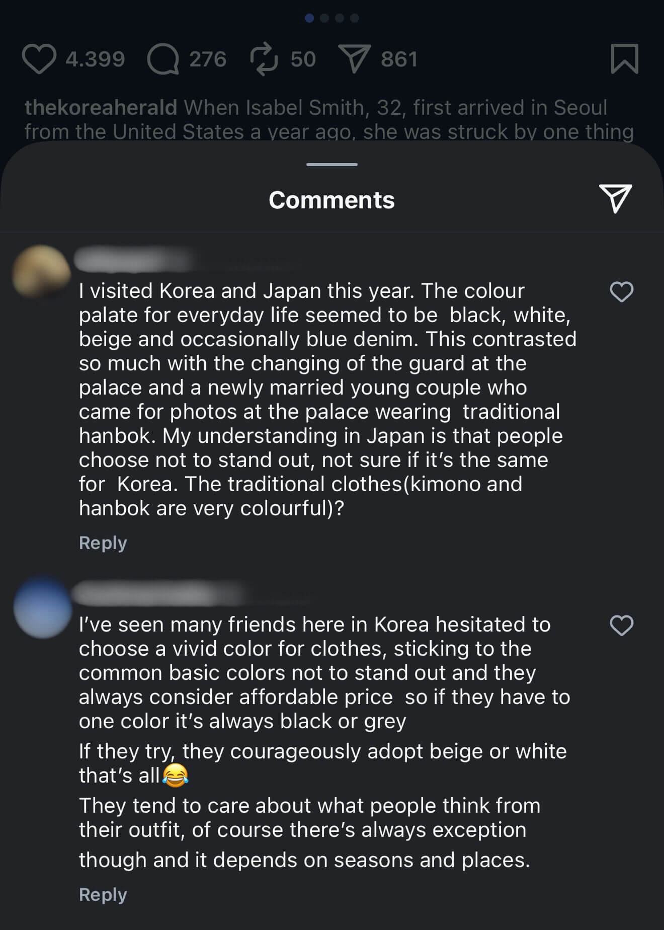 people-1-Instagram-likes-4,399-comments-276-shares-50-saves-861-article-thekoreaherald-topic-fashion-culture-comment-color-palette-everyday-life-black-white-beige-blue-denim-contrast-traditional-hanbok-kimono-Japanese-Korean-style-social-pressure-vivid-colors-basic-colors-affordable-price-seasonal-exceptions
