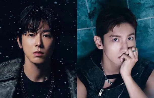 people-Two East Asian men-A-Kpop-A-split image-A-dark lighting-B-leather vests-B-snowflakes-C-intense gaze