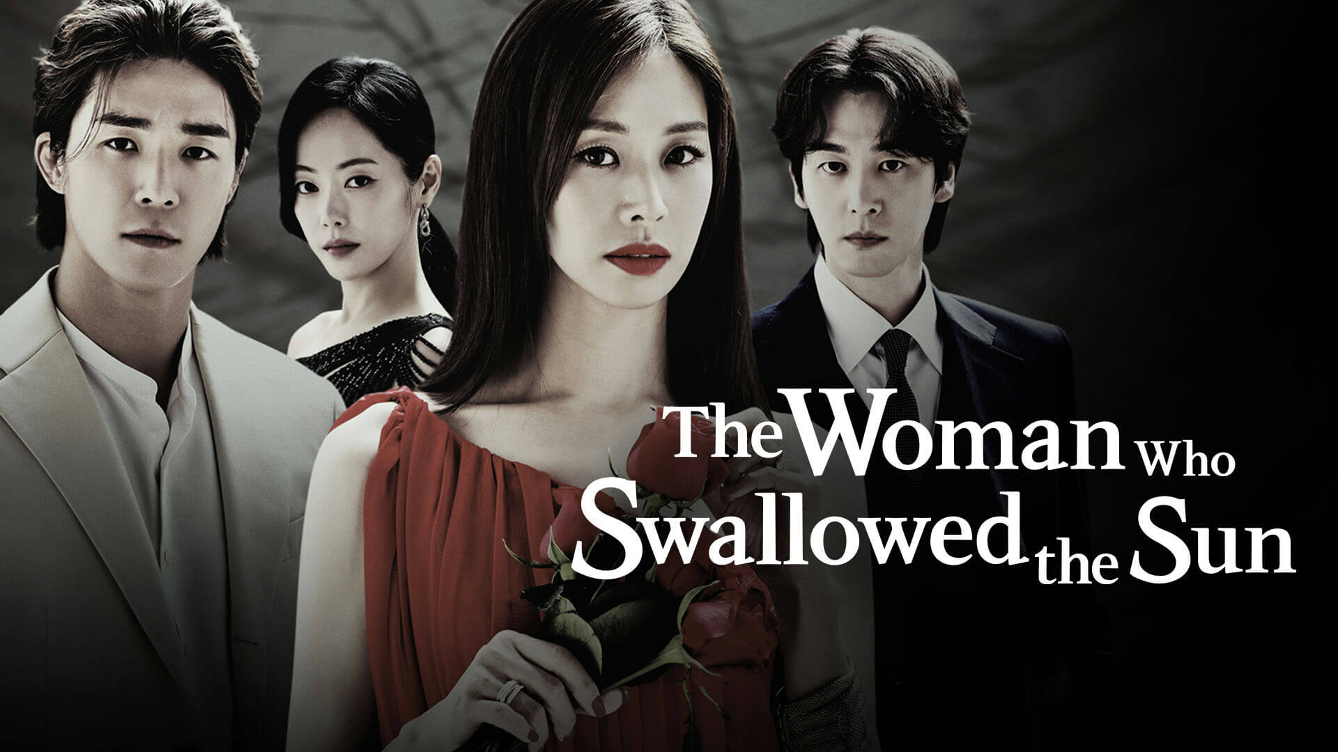 people-four-Asian-adults-A-woman-in-red-dress-holding-roses-A-man-in-light-suit-A-woman-in-black-dress-A-man-in-dark-suit-The-title-The-Woman-Who-Swallowed-the-Sun-is-prominently-displayed-in-white-text