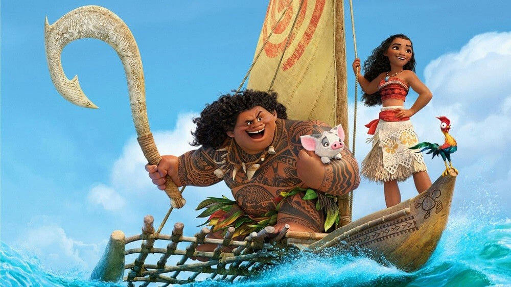people-Moana and Maui-A-boat ride-A-ocean adventure-B-magical fish hook-C-Pua the pig and Heihei the rooster