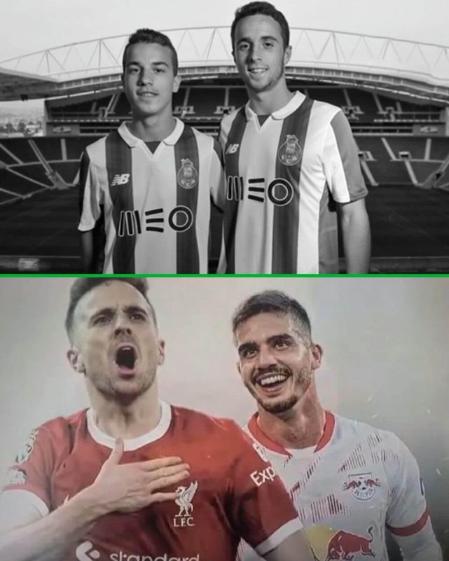 people-Two young men in FC Porto jerseys in black and white-A-Diogo Jota and Fábio Vieira (or another Porto player)-B-Diogo Jota celebrating in a Liverpool jersey and a smiling player in an RB Leipzig jersey-C-Then and now comparison of players who were teammates at Porto
