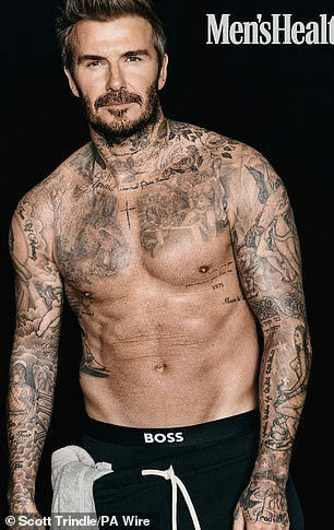 people-David Beckham-A-shirtless-A-tattoos-A-Men's Health cover-B-bearded-B-wearing black underwear-C-muscular-C-holding towel