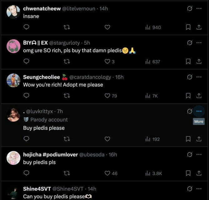people-twitter users-A-pleading-A-buy Pledis Entertainment-B-requests-C-humorous tone