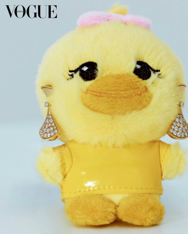 plush toy-A-yellow duck-A-diamond earrings-A-Vogue Korea logo