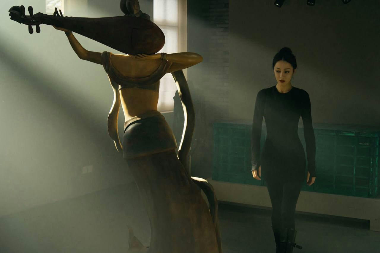 people-A-woman in black outfit-A-statue of female musician-A-dramatic lighting-A-dark room