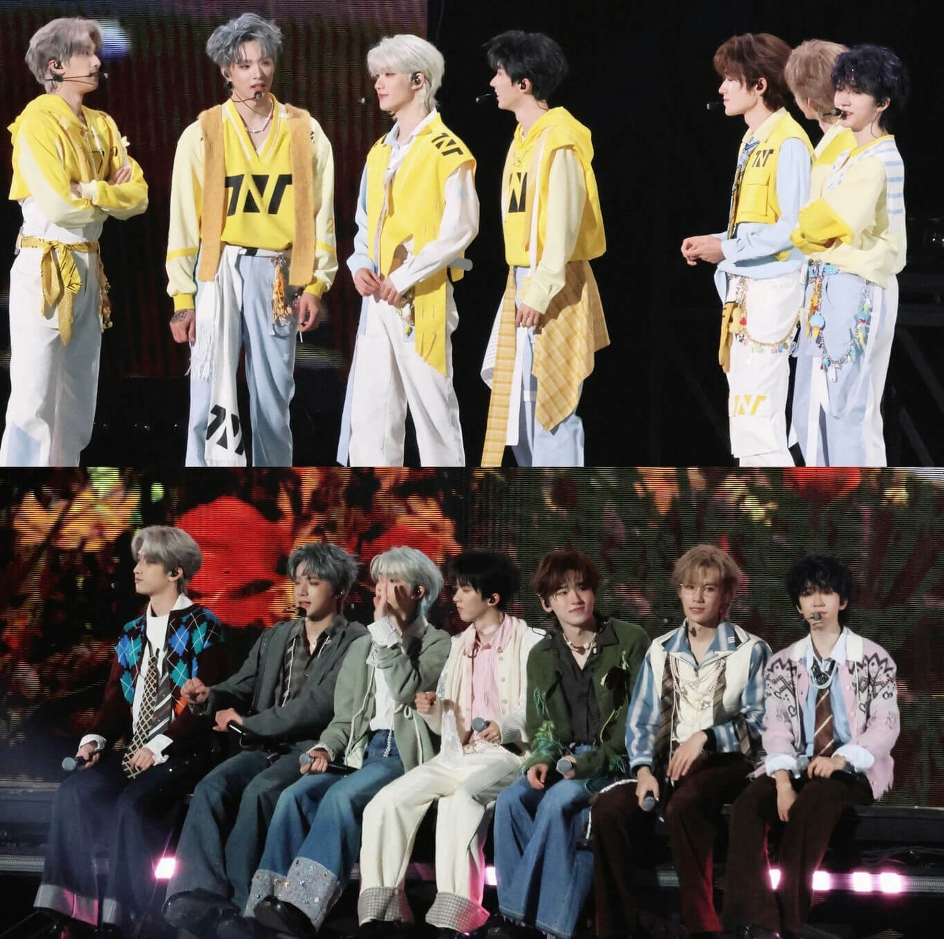 people-7-male-performers-A-stage-performance-A-matching-yellow-and-white-outfits-B-casual-seating-on-stage-B-varying-pastel-and-earth-toned-fashion-C