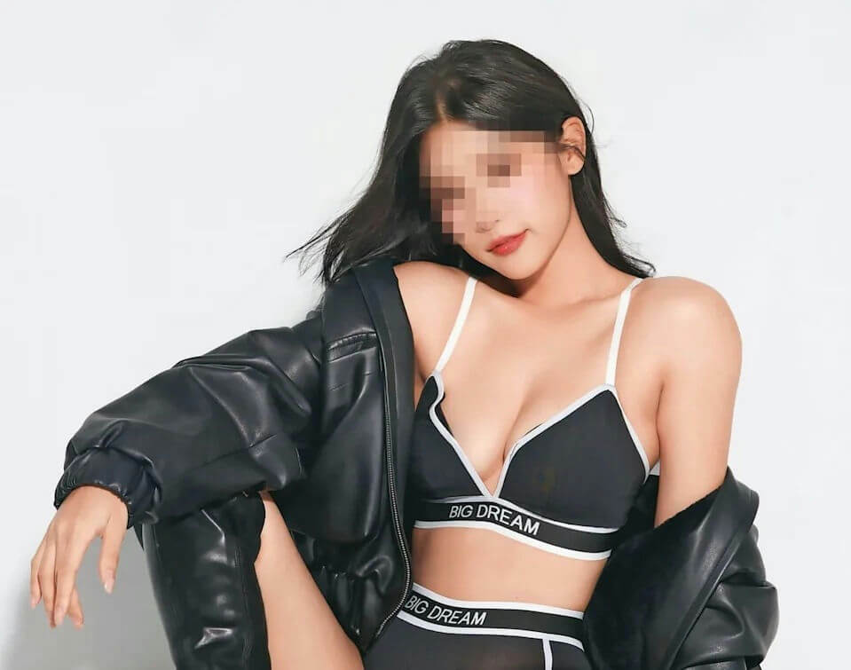people-woman-A-black leather jacket-B-black sports bra-C-white background