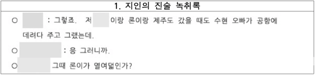 table-1-지인의 진술 녹취록-A-대화 내용-A-말풍선-B-인물 추정-B-질문-C