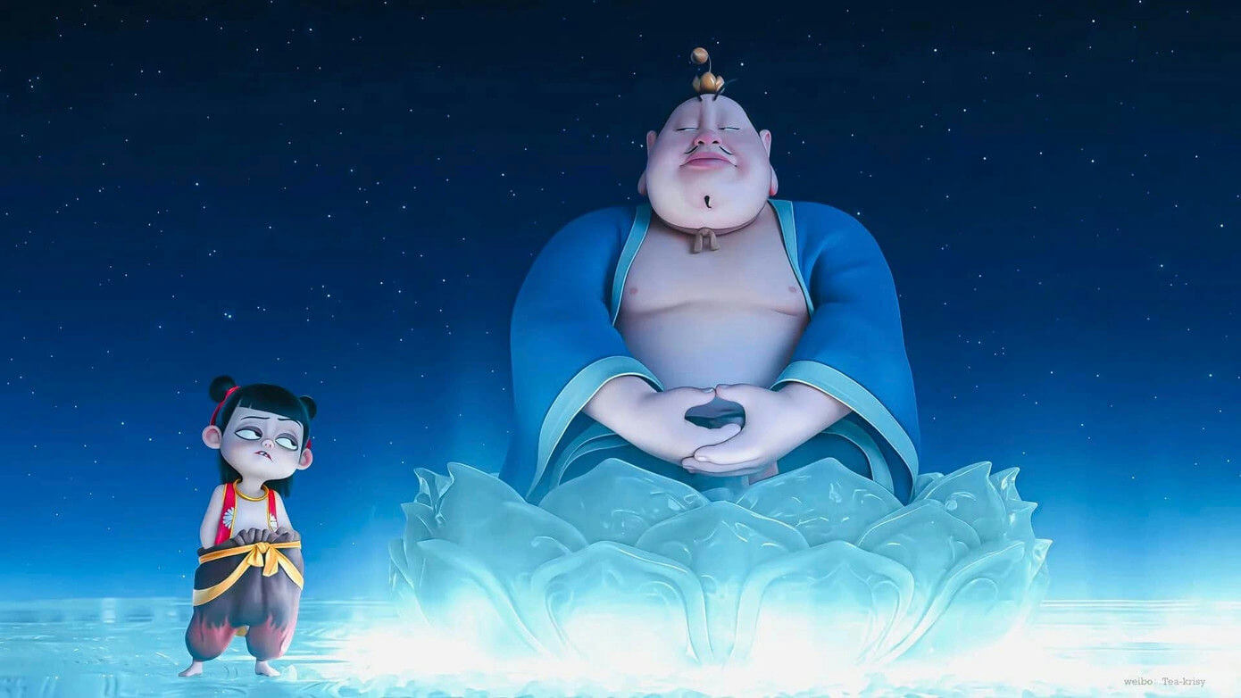 people-Child character-A-Large meditating figure-A-Blue robe-A-Glowing lotus base-A-Night sky background