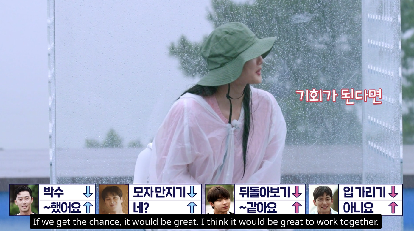 people-woman in rain hat and poncho-woman-in-rain-outdoors-rain-on-glass-korean-subtitles