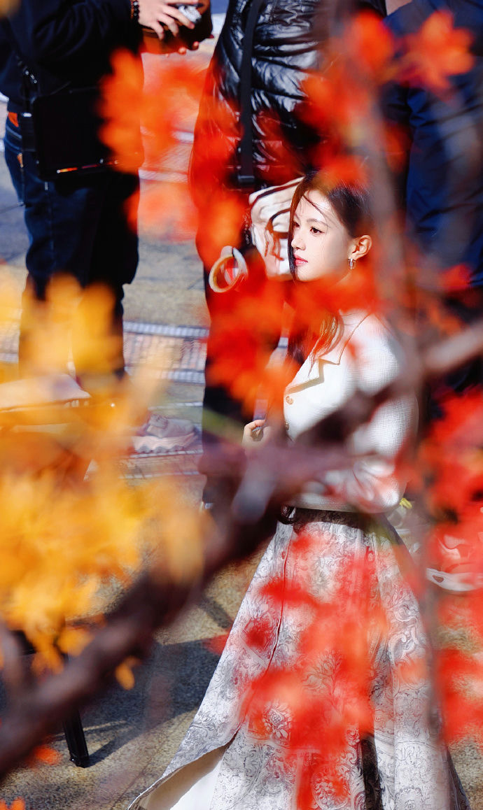 people-1-young woman-A-autumn leaves-A-outdoor setting-A-street photography