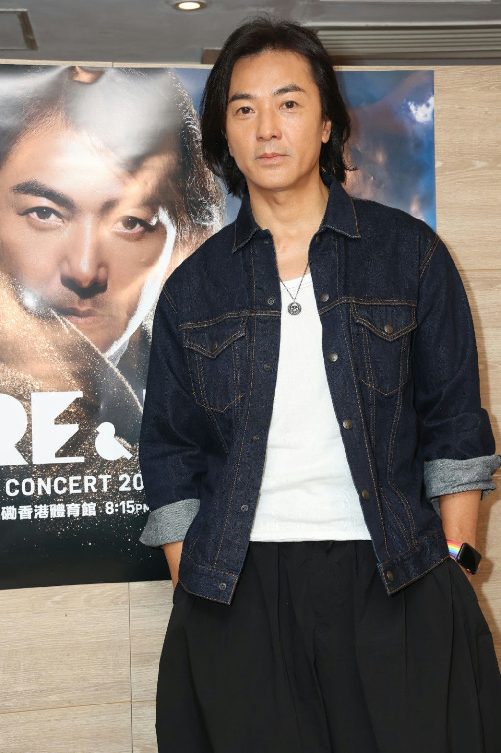 people-Ekin Cheng-A-dark denim jacket-A-white tank top-A-black wide-leg pants-A-long dark hair