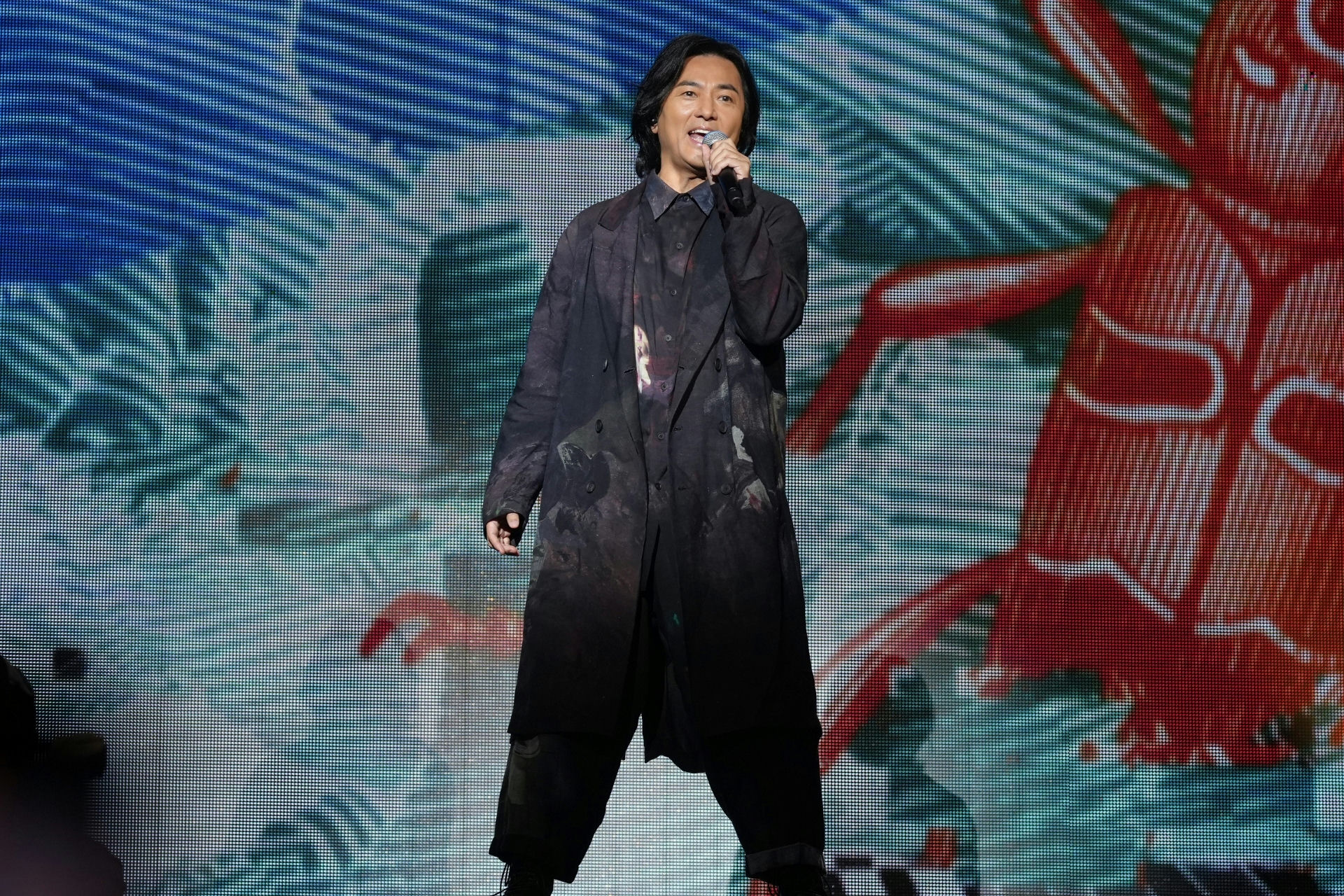 people-singer-A-performance-A-microphone-A-long coat-B-stage background-C