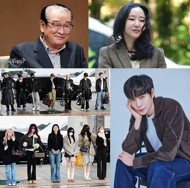 people-Elderly man in glasses and suit-A-Woman with dark hair in a plaid jacket-B-Group of men in dark clothing arriving at an airport-C-Group of women in casual fashionable outfits arriving at an airport-D-Young man posing leaning on his hand