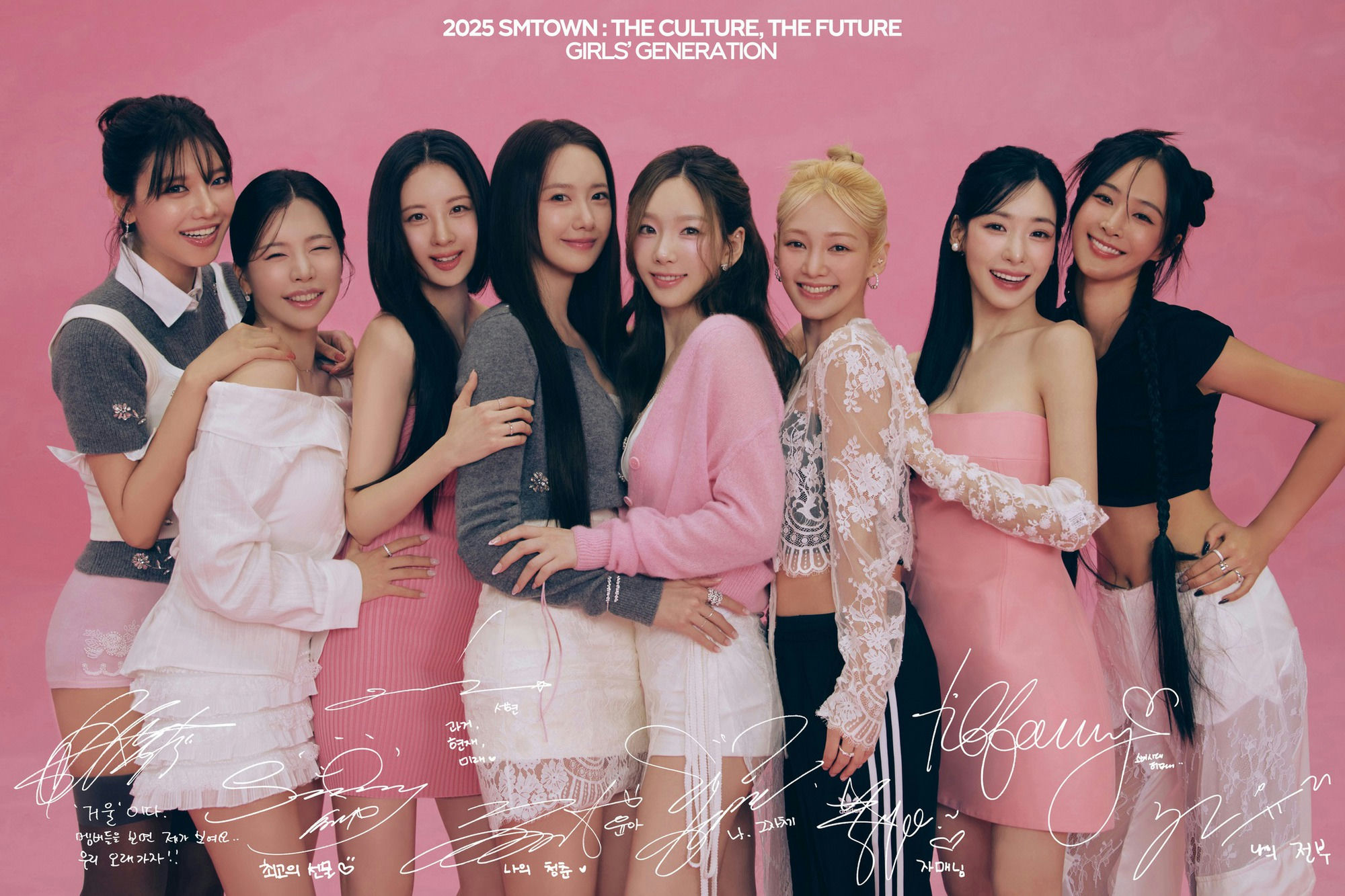 people-8-Girls' Generation-A-pink background-A-smiling-A-group hug-B-light-colored outfits-B-white and pink clothing-C-autographs on image