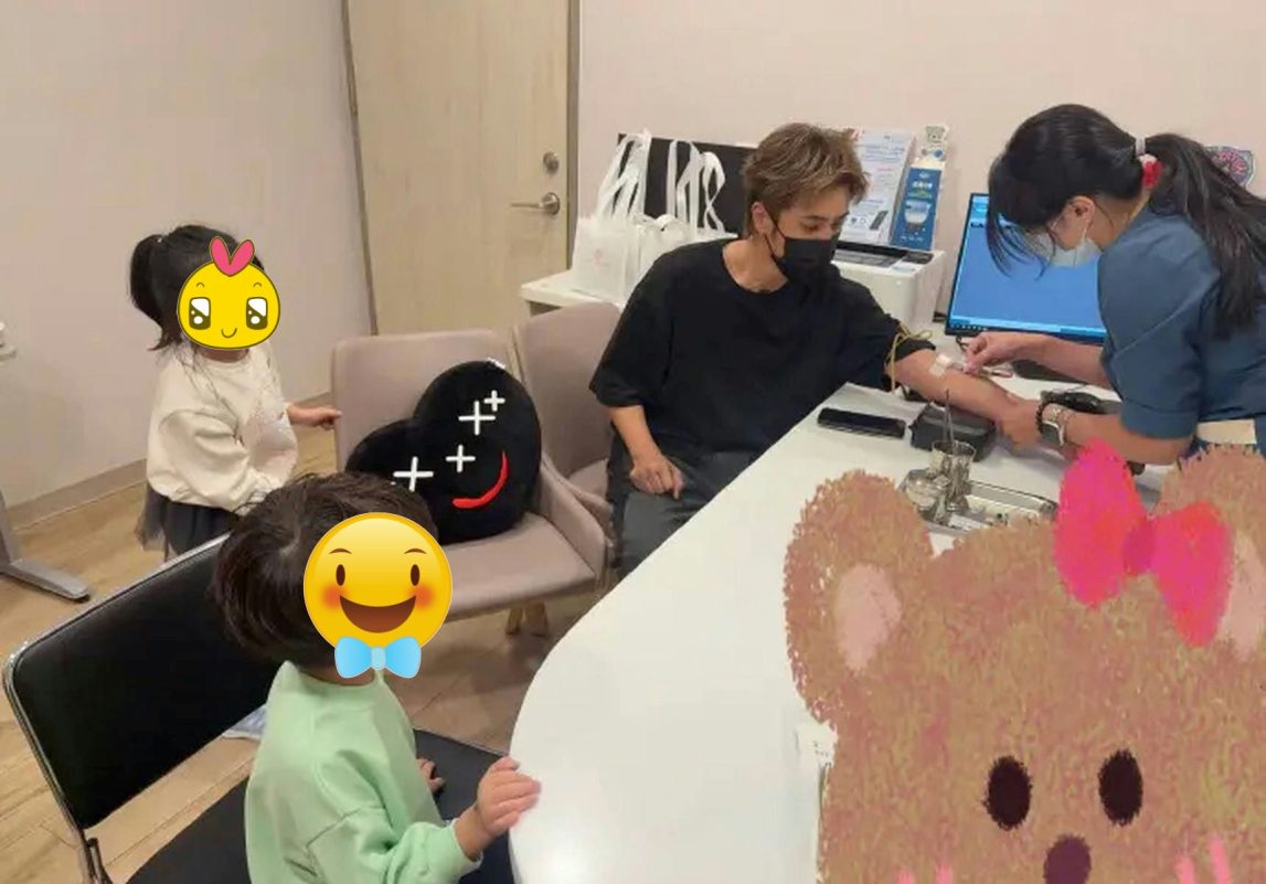 people-1-man getting blood drawn-2-woman drawing blood-3-child seated-4-child standing-A-medical setting-B-face covered by emoji-C-heart shaped pillow
