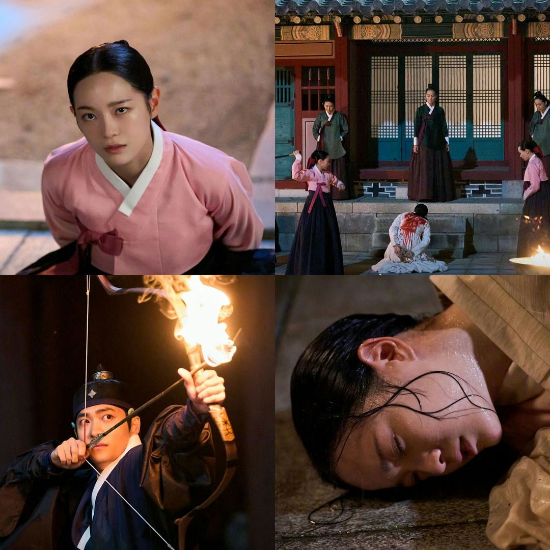 people-woman in pink hanbok and restrained-woman in dark hanbok brandishing a knife-man in dark attire aiming a flaming bow-bloody kneeling figure-woman lying down with wet hair-dramatic scenes-A-historical drama-A-conflict-A-violence-B-Korean traditional clothing-B-archery-B-distress-C-intense emotion-C-palace setting