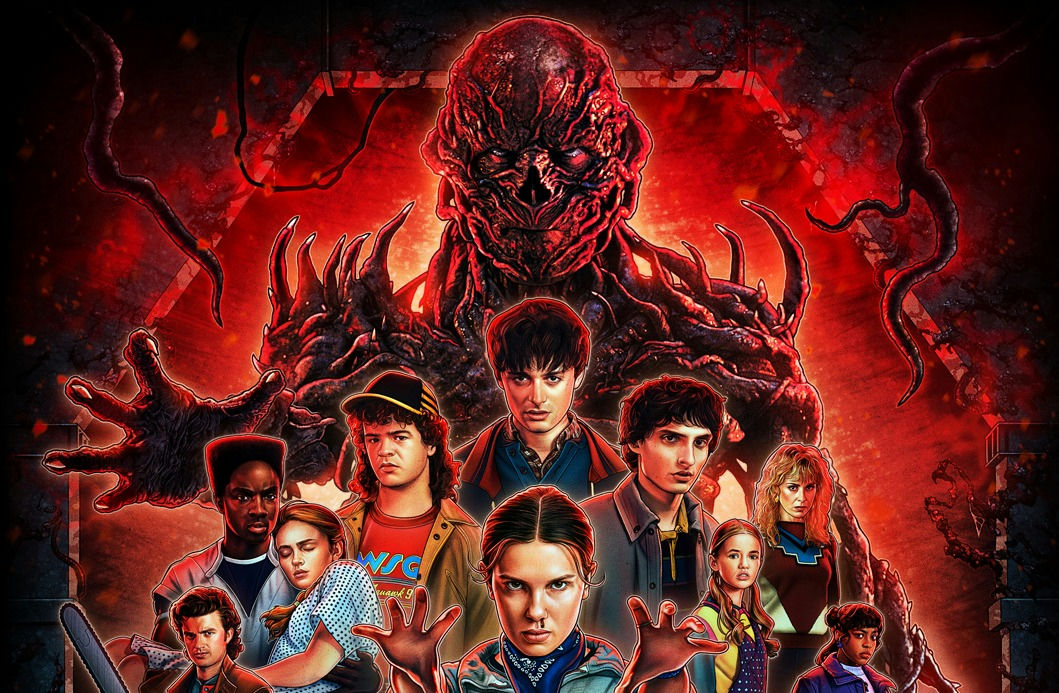 people-Eleven (Center Foreground)-powers-Dustin Henderson (Upper Left Center)-hat-Will Byers (Center)-serious-Mike Wheeler (Center Right)-serious-Lucas Sinclair (Lower Left)-chainsaw-Max Mayfield (Lower Center Left)-cradled-Steve Harrington (Lower Left)-holding Max-Nancy Wheeler (Lower Right Center)-concerned-Robin Buckley (Lower Right Center)-concerned-Eddie Munson (Lower Right)-concerned-Vecna (Background)-menacing
