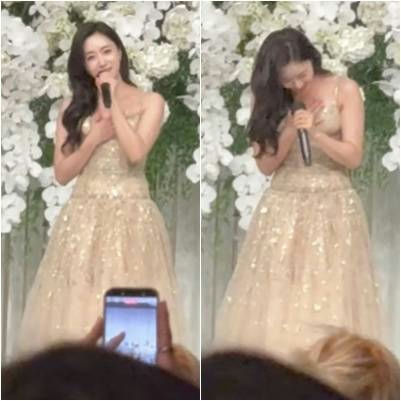 people-1-woman singing-A-gold gown-B-flower background-C-holding microphone