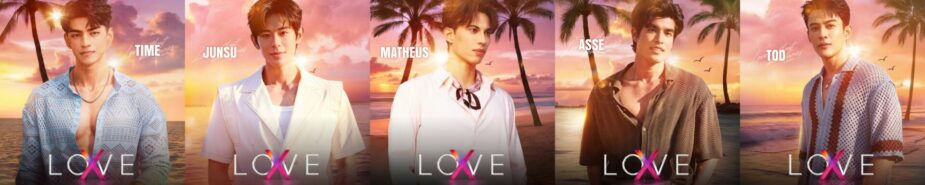 people-Five men-A-tropical sunset background-A-casual beach attire-B-identified by names (Time, Junsu, Matheus, Asse, Tod)-C-featuring the word