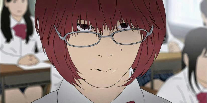 people-Anime character-A-red hair-A-glasses-A-school uniform-B-classroom setting-C-mole on face