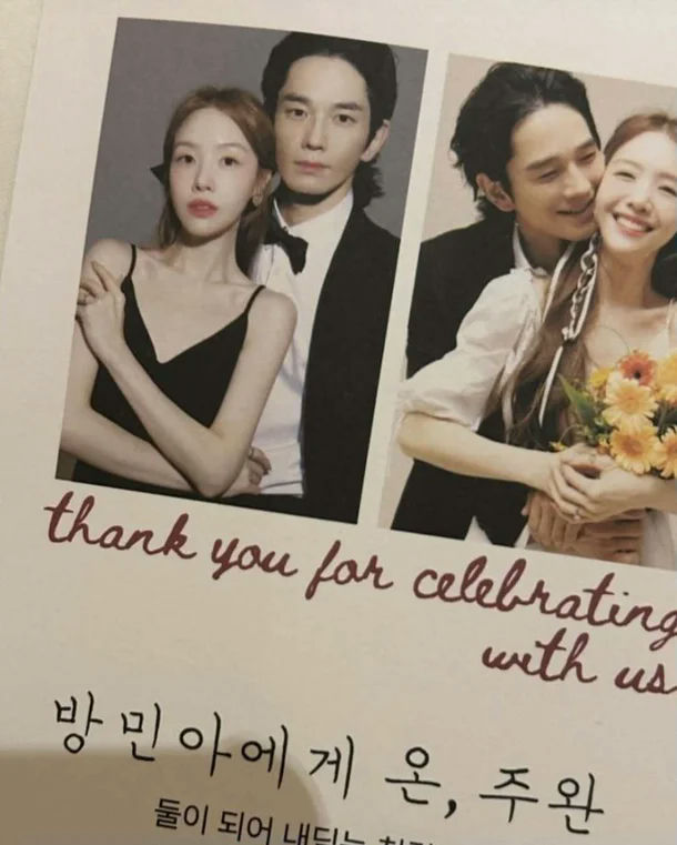 people-two people-wedding photo cards-couple-formal wear and white dress-thank you message-Korean text