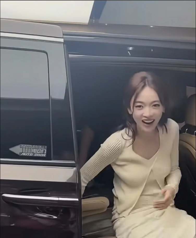 people-woman-A-getting out of car-B-sliding door-C-beige clothing