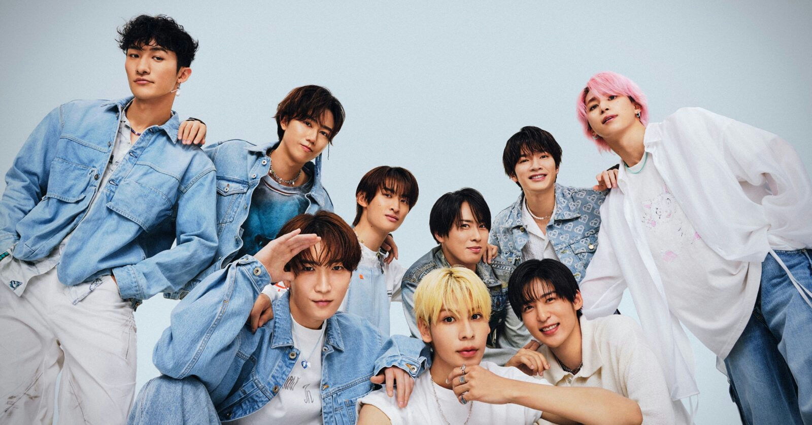 people-8 young men-A-denim outfits-A-casual pose-B-light blue background-C-J-Pop group