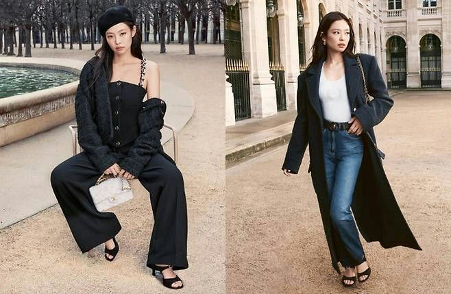 people-Jennie Kim-A-fashion photoshoot-A-Chanel-B-outdoor setting-B-two outfits-C-black monochromatic outfit-C-long dark coat with jeans outfit