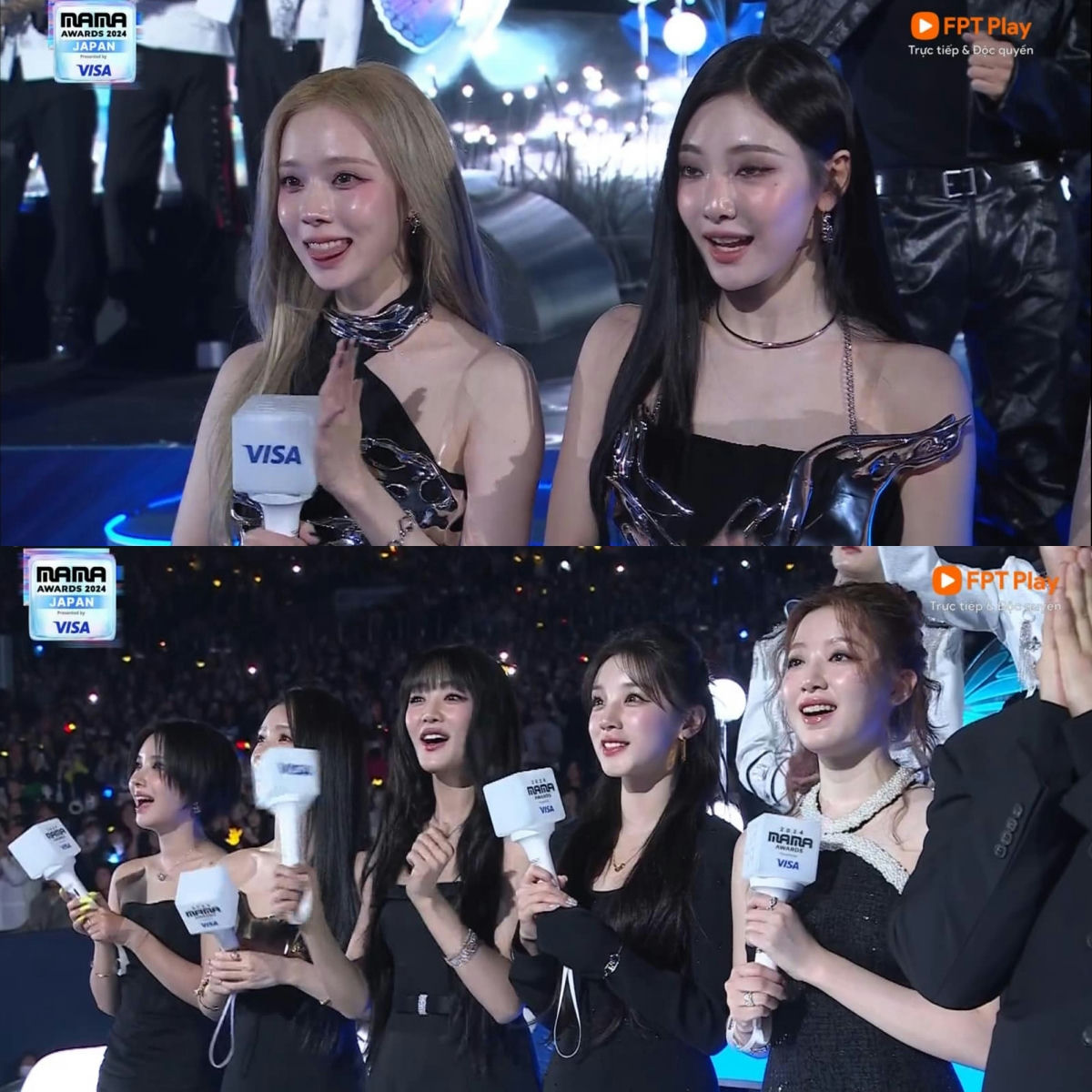 people-two women on top panel with light and dark hair-A-tongue out-A-holding microphone-B-two rows of women on bottom panel holding microphones-C-all women in black outfits-D-MAMA Awards 2024 Japan event-E-VISA sponsor visible