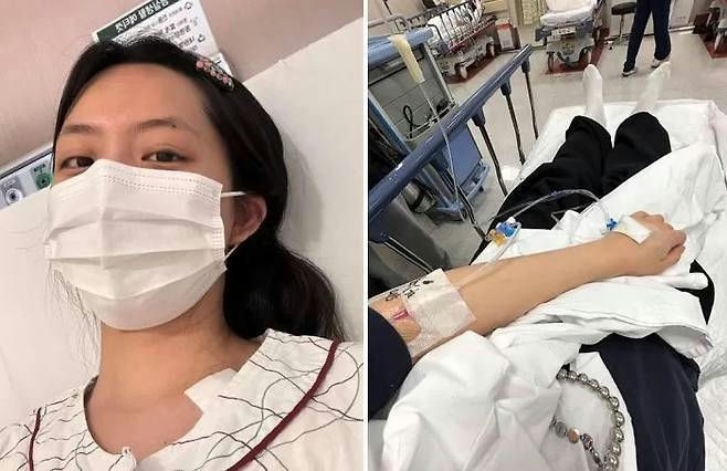 people-one young woman-hospital bed-wearing a mask-intravenous line visible