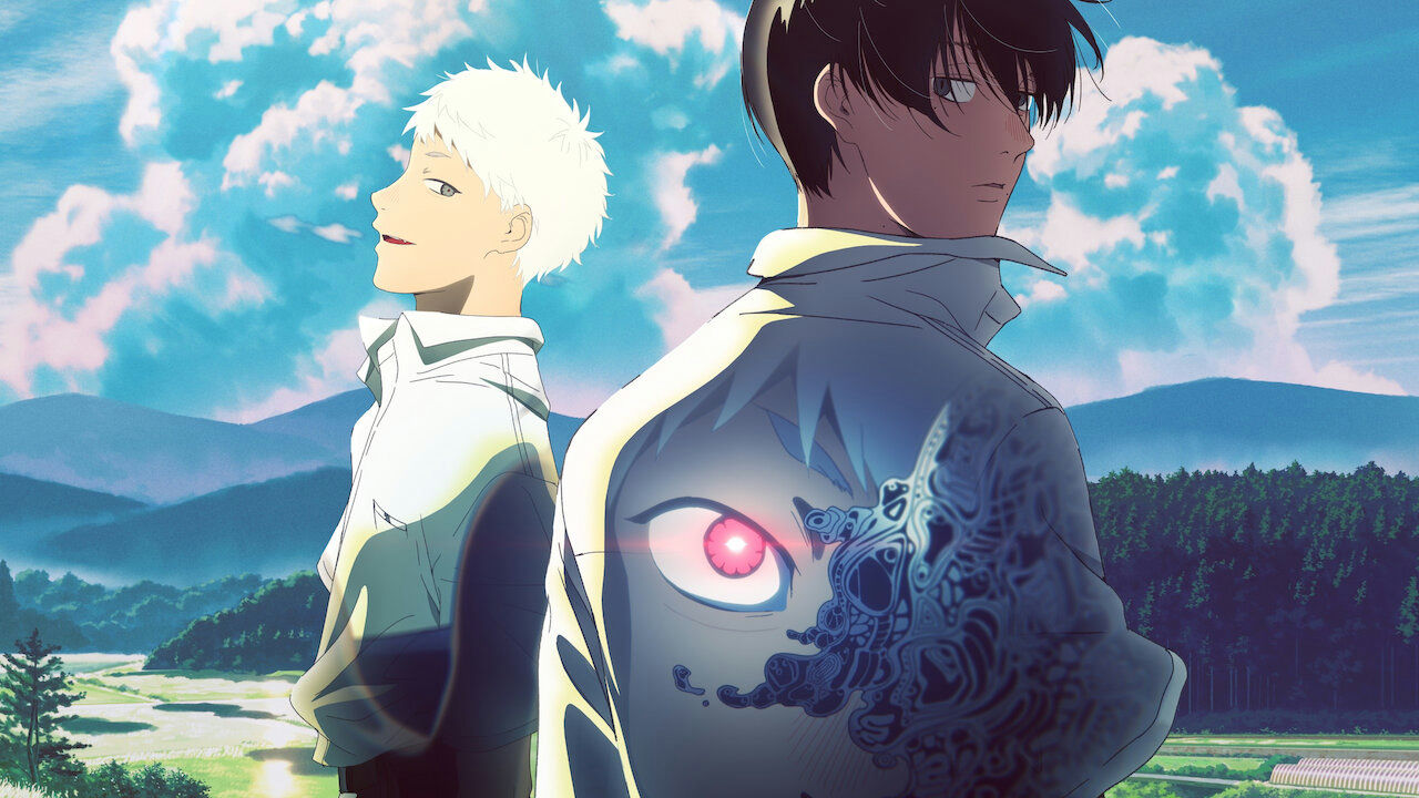 people-two anime characters-A-white-haired smiling youth-A-dark-haired character with glowing eye-B-rural landscape background-C-blue sky with clouds