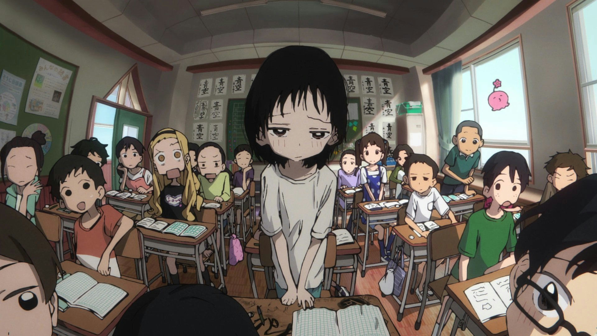 people-anime classroom-A-students staring-A-girl centered-A-sad expression-B-wide angle view-B-Japanese writing on wall-C-pink octopus drawing on window-C